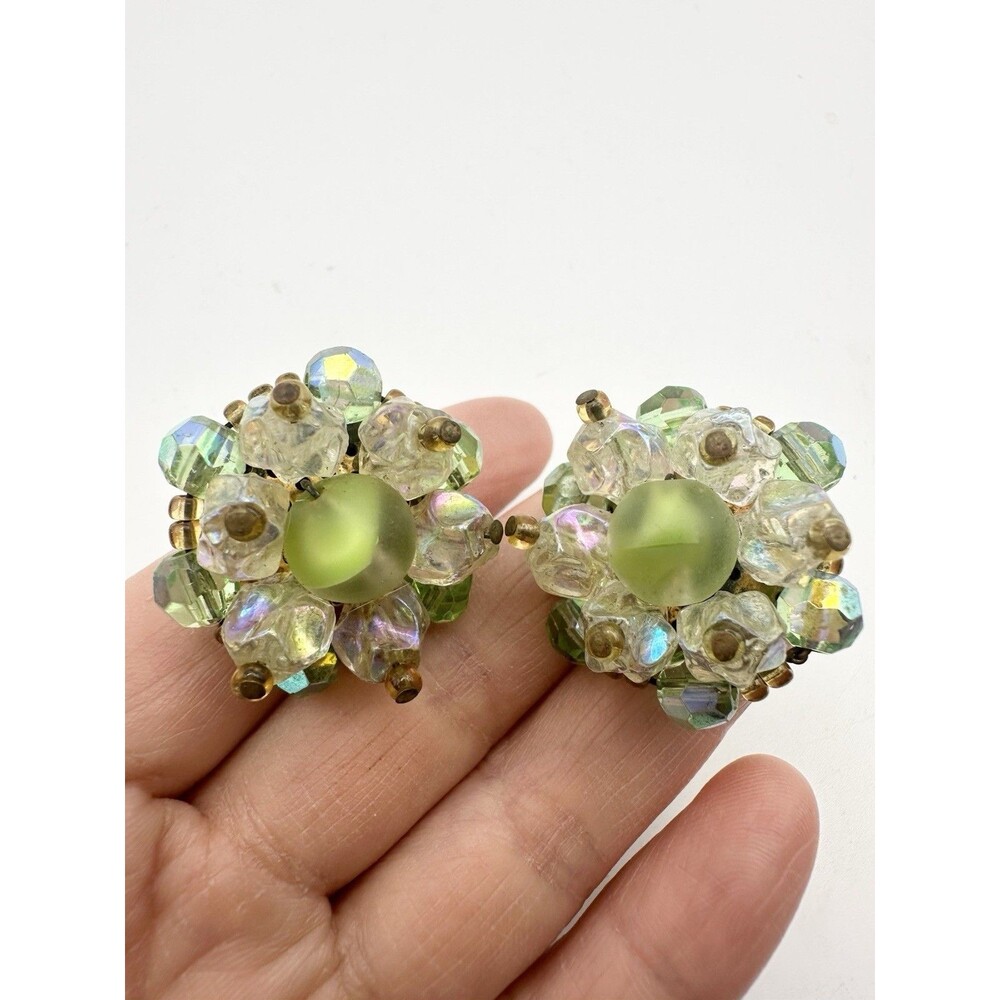 Vintage Western Germany Earrings Green Cluster Clip On